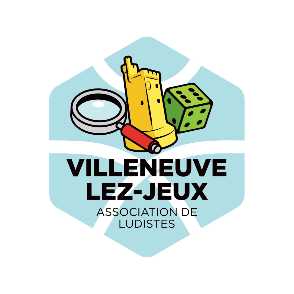 Logo Villeneuve lez jeux avec une loupe, le fort Saint-André sous forme de pion et un dé vert.