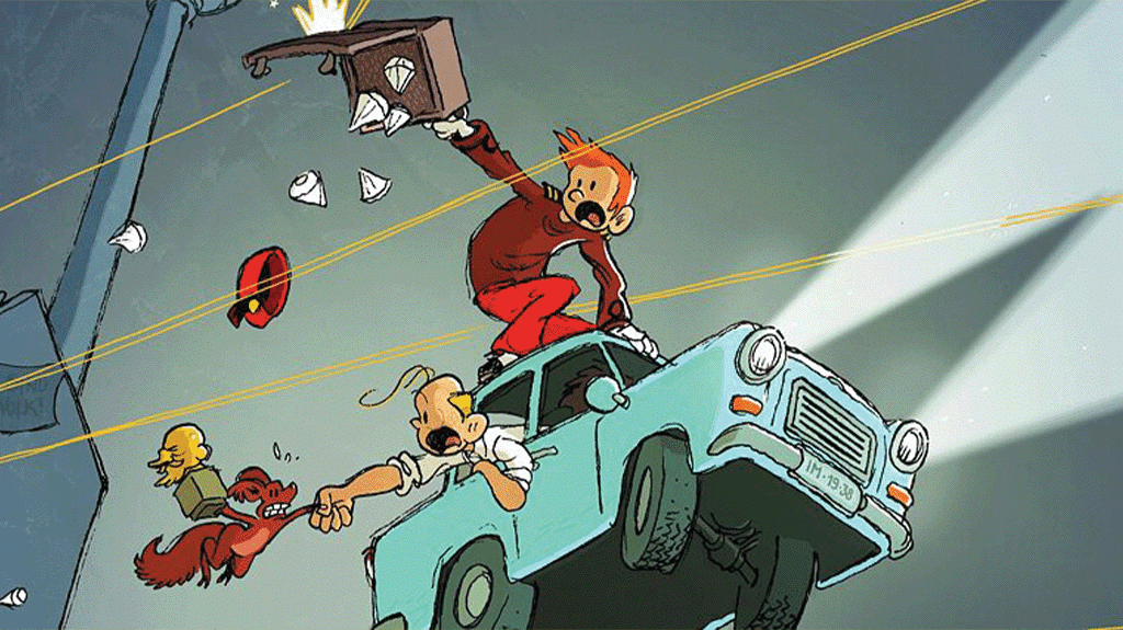 Exposition Spirou in Berlin. Photo de Spirou avec son acolite Fantasio dans une deudeuche bleue qui vole dans le ciel.