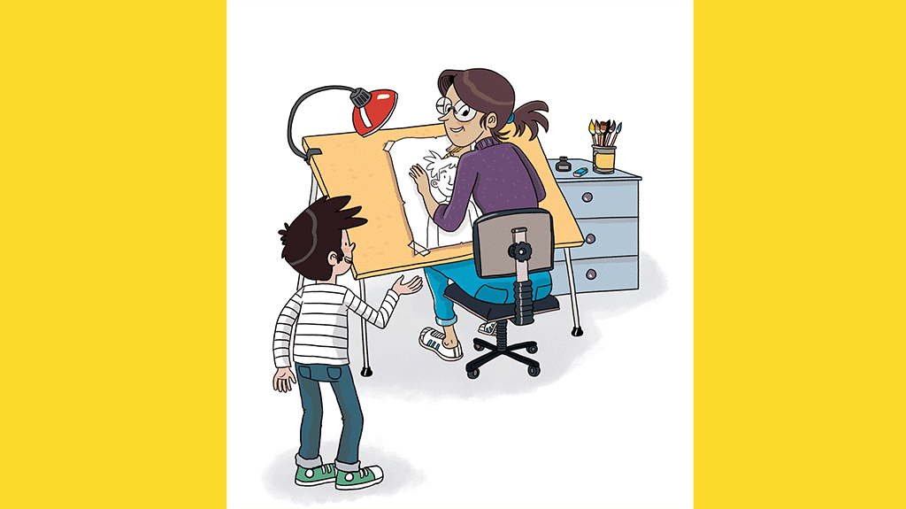 Photo exposition les coulisses du livre. Avec un dessin d'une autrice qui dessine un enfant lui parlant.