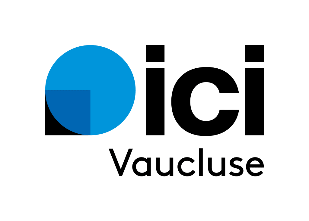 Logo ici vaucluse avec un cercle bleu et un carré noir en arrière plan.