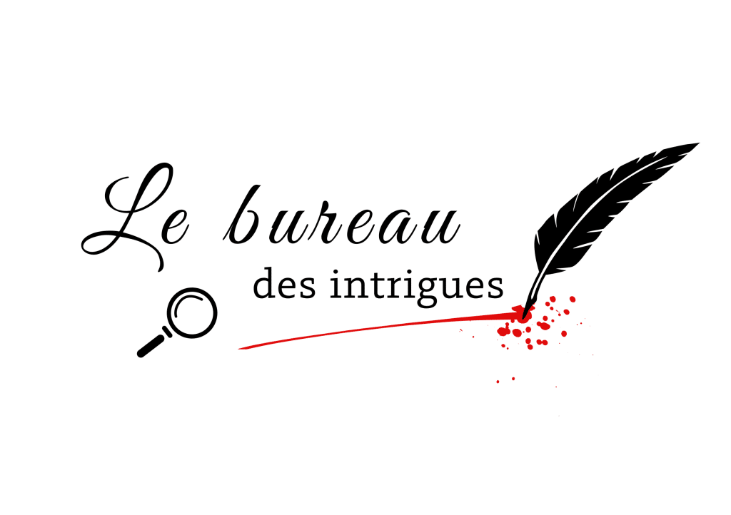 Logo avec texte le bureau des intrigues avec une loupe, une plume qui tire un trait rouge.