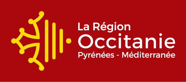 Logo région Occitanie fond rouge, et croix jaune.
