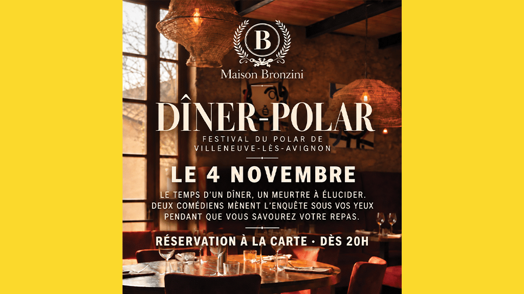 Affiche d'un repas sur le thème du polar avec une table, des couverts dans une ambiance bois et chaleureuse.