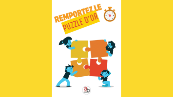 Visuel de dessin de quatre enfants qui rassemblent quatre grosses pièces de puzzle