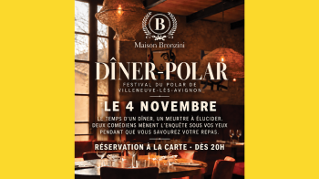 Affiche d'un repas sur le thème du polar avec une table, des couverts dans une ambiance bois et chaleureuse.